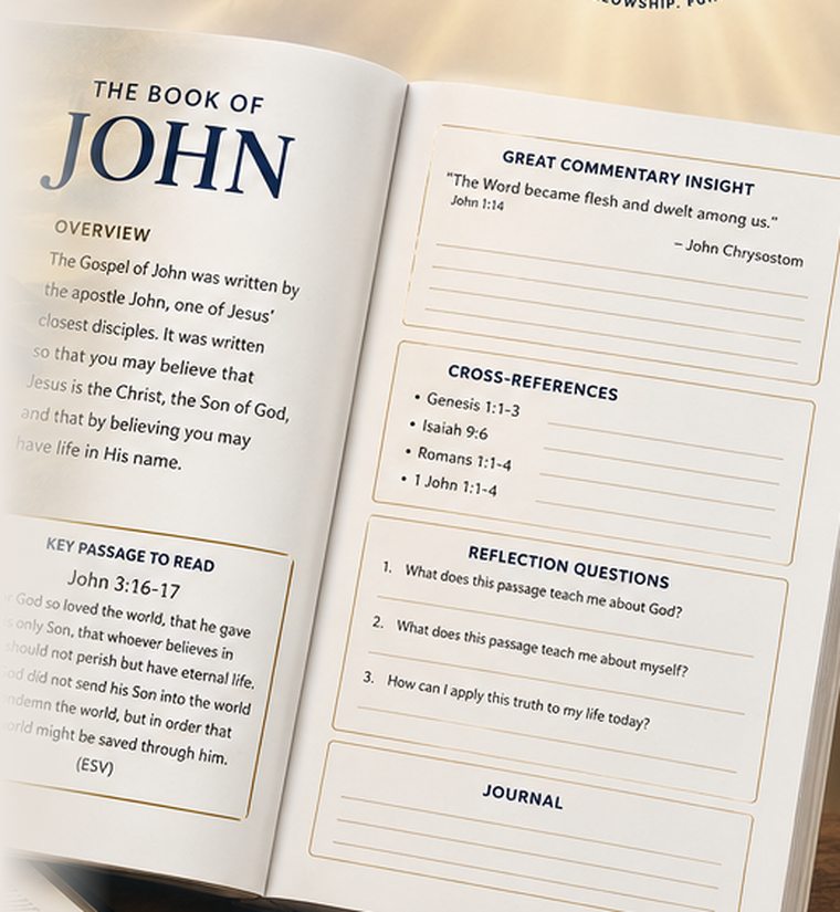 Inside the workbook: a study page for the Book of John showing the overview, key passage, commentary insight, cross-references, reflection questions and journal space.