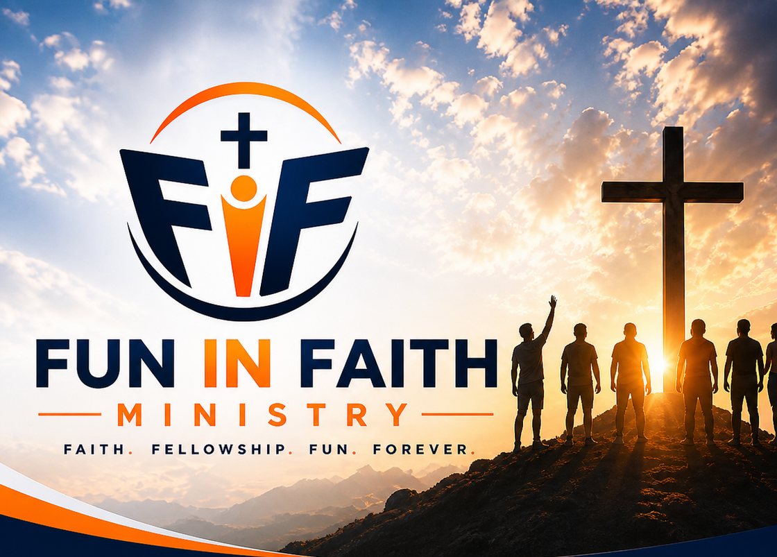 Fun In Faith Ministry — Faith. Fellowship. Fun. Forever. A cross on a hilltop at sunrise with people gathered in worship.