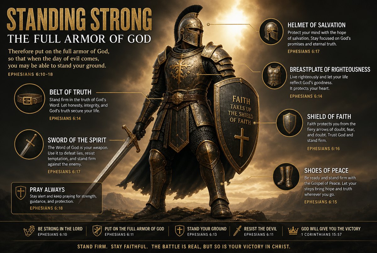 The full armor of God: a warrior fitted with the belt of truth, breastplate of righteousness, shoes of the gospel of peace, shield of faith, helmet of salvation, and sword of the Spirit, with a call to pray always &mdash; Ephesians 6:10-18.