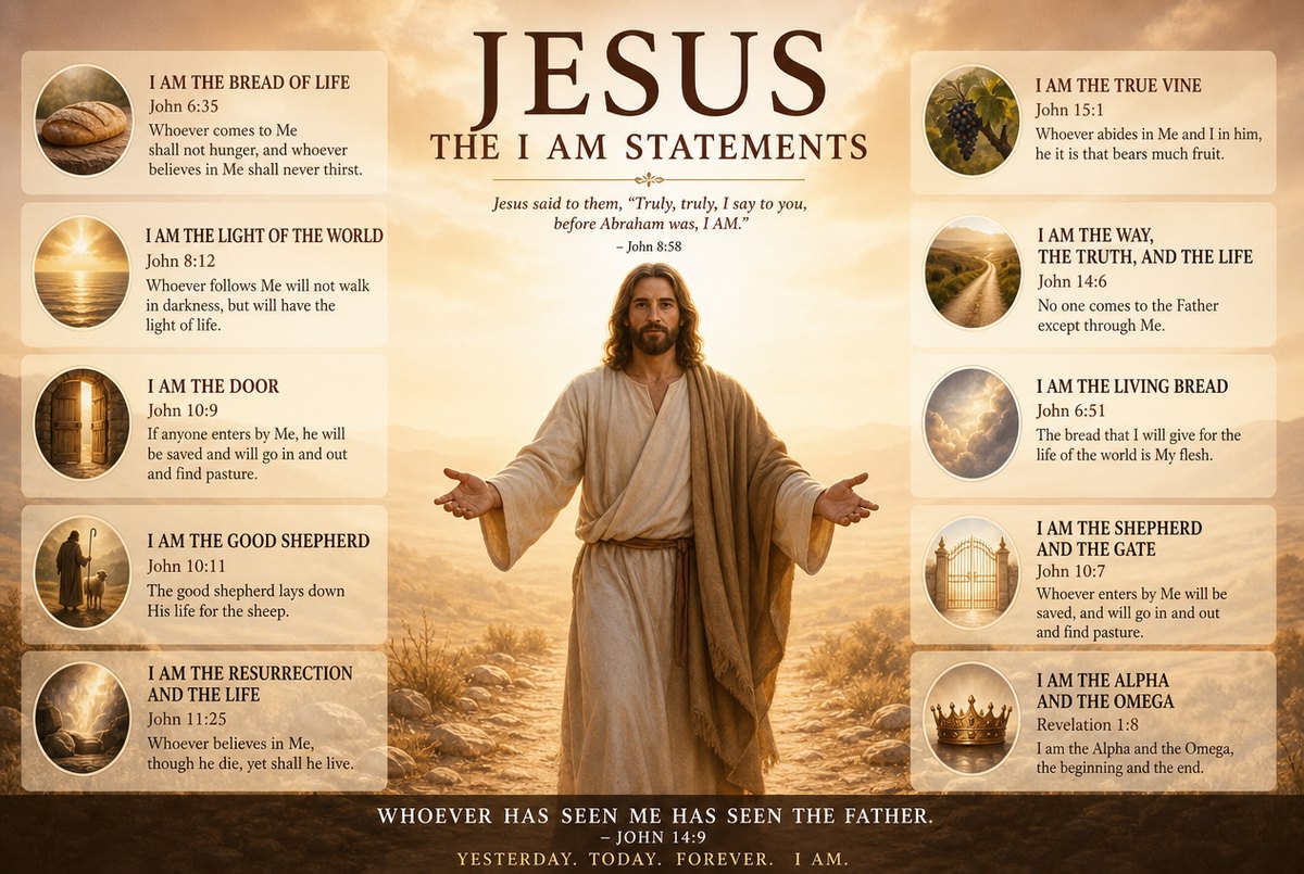 Jesus, the I AM statements: bread of life, light of the world, the door, the good shepherd, the resurrection and the life, the way the truth and the life, the true vine, the living bread, the gate, and the Alpha and the Omega.