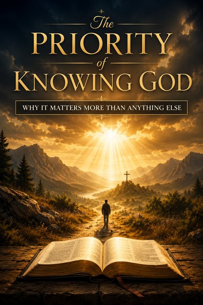 Cover of The Priority of Knowing God — a figure walking a path toward a cross at sunrise, with an open Bible in the foreground.