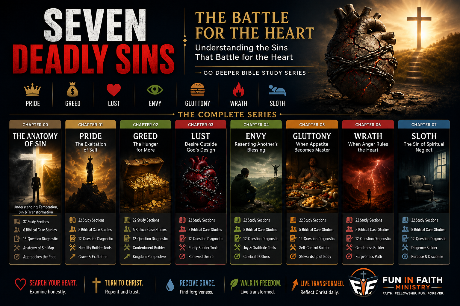 Seven Deadly Sins: The Battle for the Heart — a chained heart before a cross, with the eight chapters of the series listed beneath